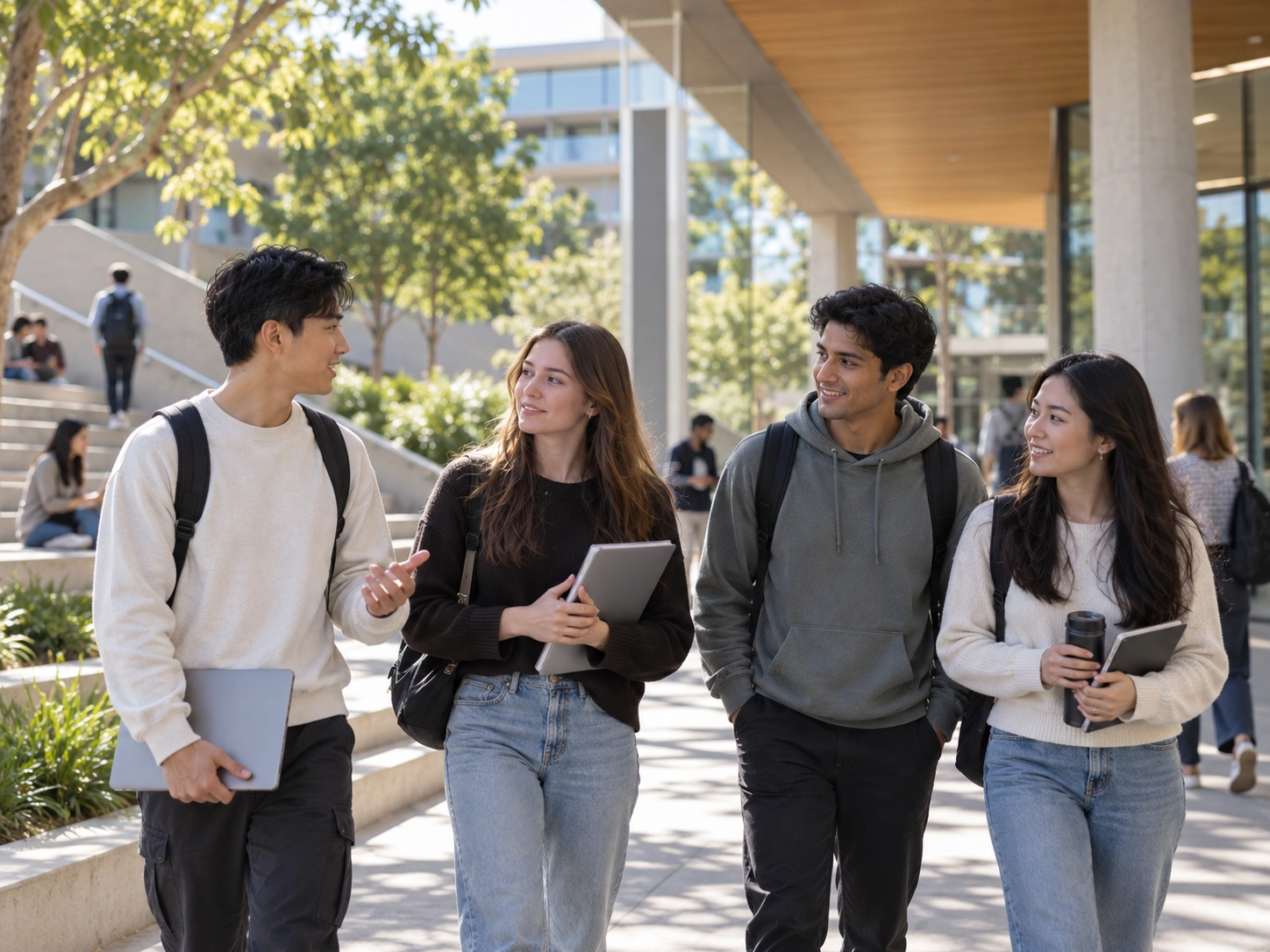 International students walking together through a contemporary Australian university environment.