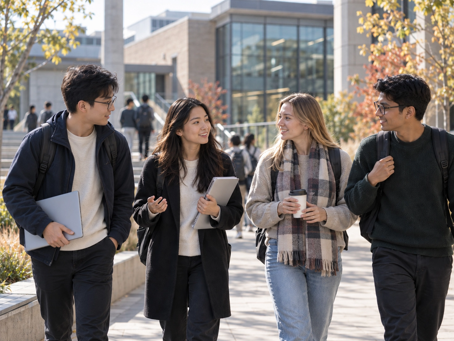 International students walking together through a contemporary Canadian university campus.