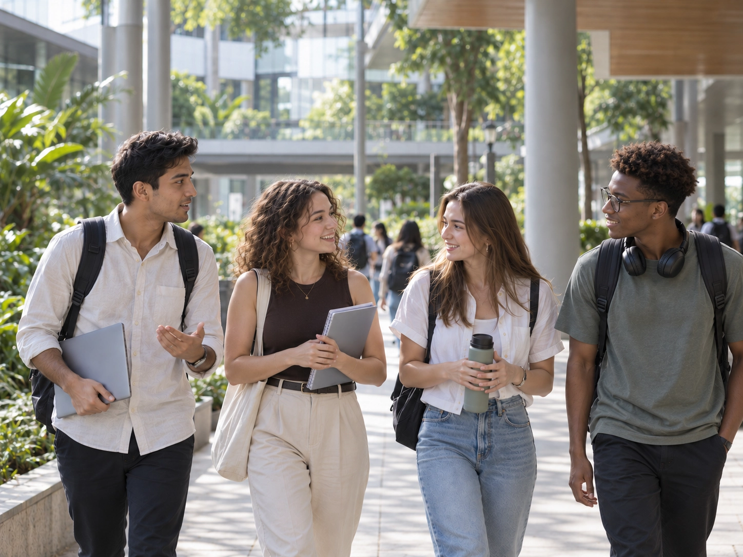 International students walking together through a tropical contemporary university environment in Singapore.