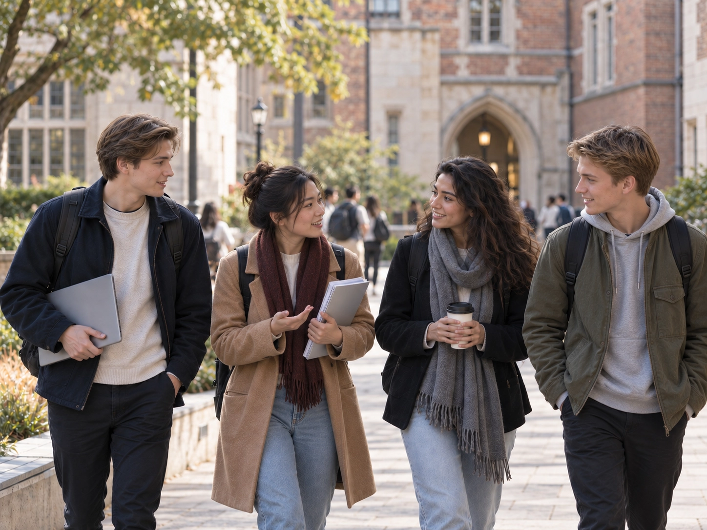 International students walking together through a traditional and contemporary UK university environment.