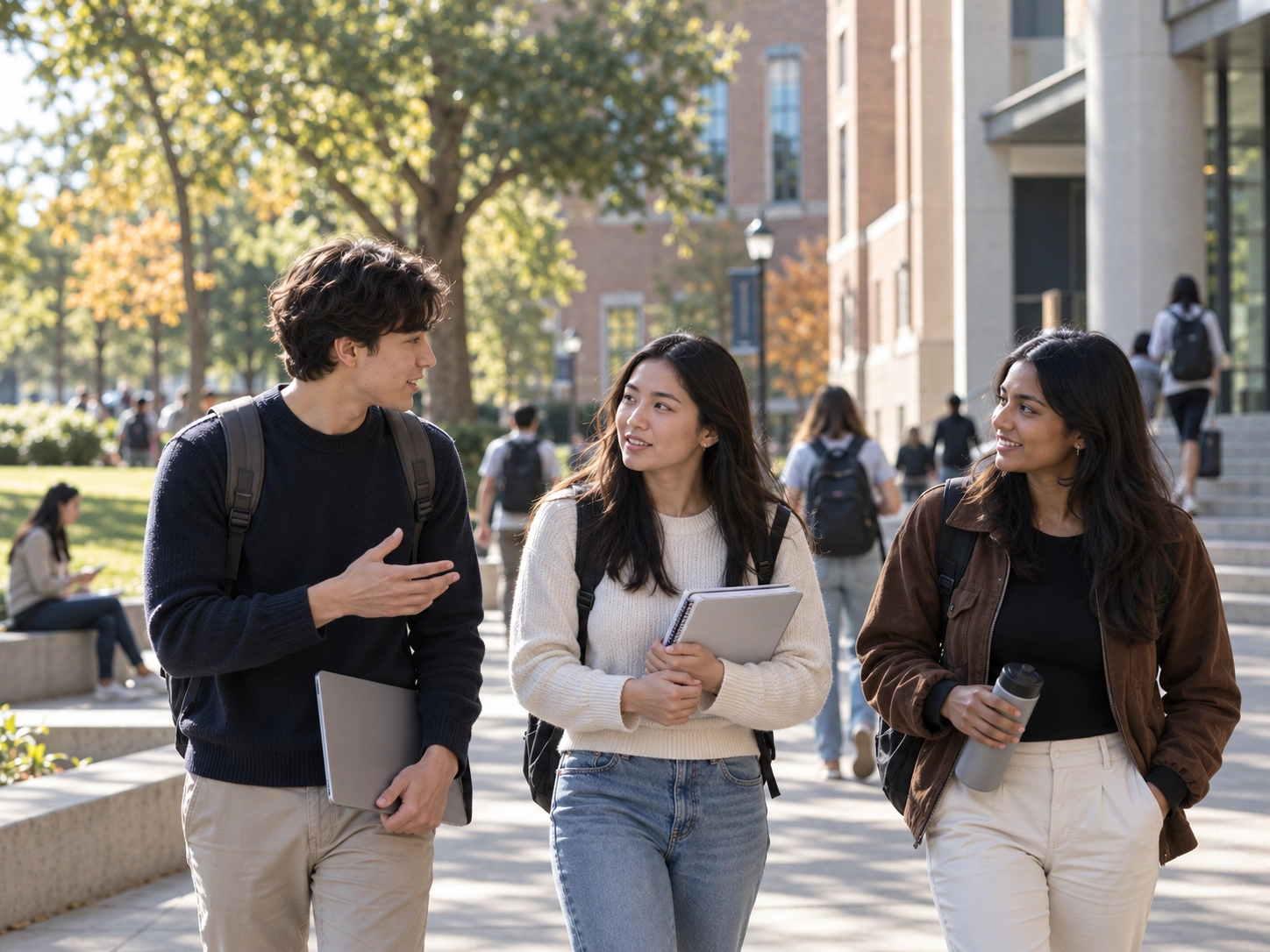 International students walking and talking on a university campus in the United States.